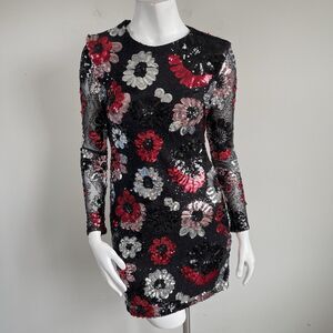 Premier Amour Long Sleeves Floral Sequin Mini Dress 2 Black Red Party Cocktail